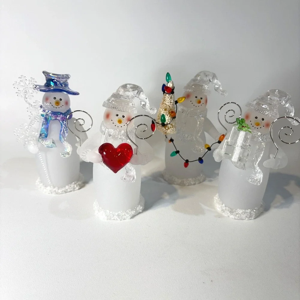 Frosted Glass Snowman Figurine Set 4 Holiday Winter Decor Photo Card Holders